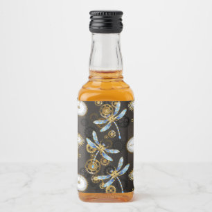 Steampunk Dragonflies on brown striped background Liquor Bottle Label