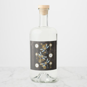 Steampunk Dragonflies on brown striped background Liquor Bottle Label