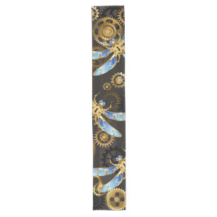 Steampunk Dragonflies on brown striped background Long Table Runner
