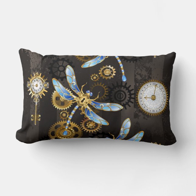 Steampunk Dragonflies on brown striped background Lumbar Pillow (Front)