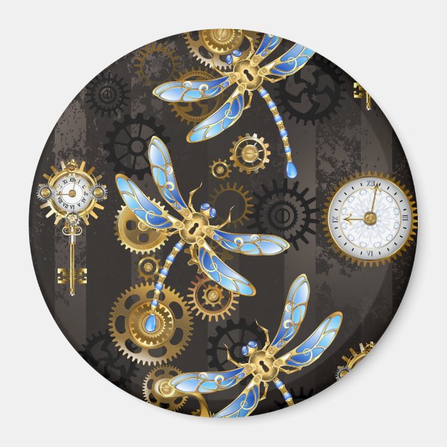 Steampunk Dragonflies on brown striped background Magnet (Front)