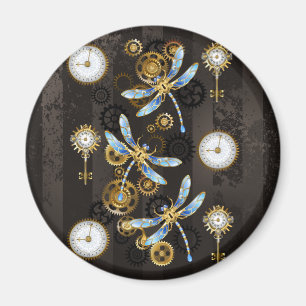 Steampunk Dragonflies on brown striped background Magnet