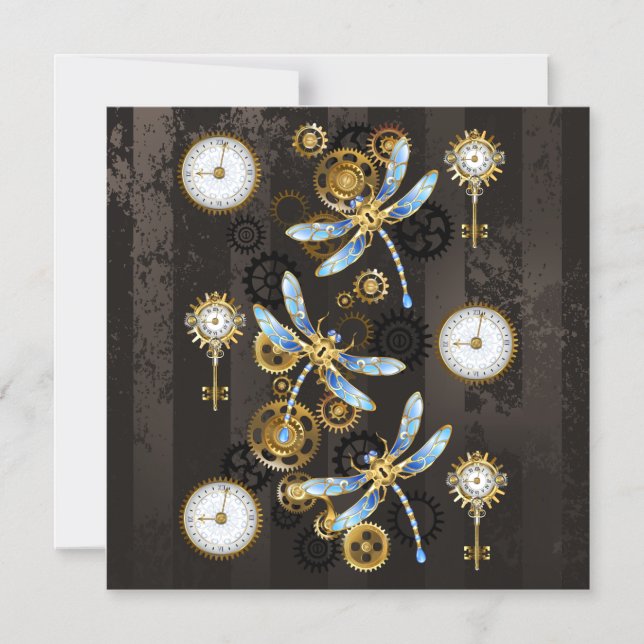 Steampunk Dragonflies on brown striped background Magnetic Invitation (Front)