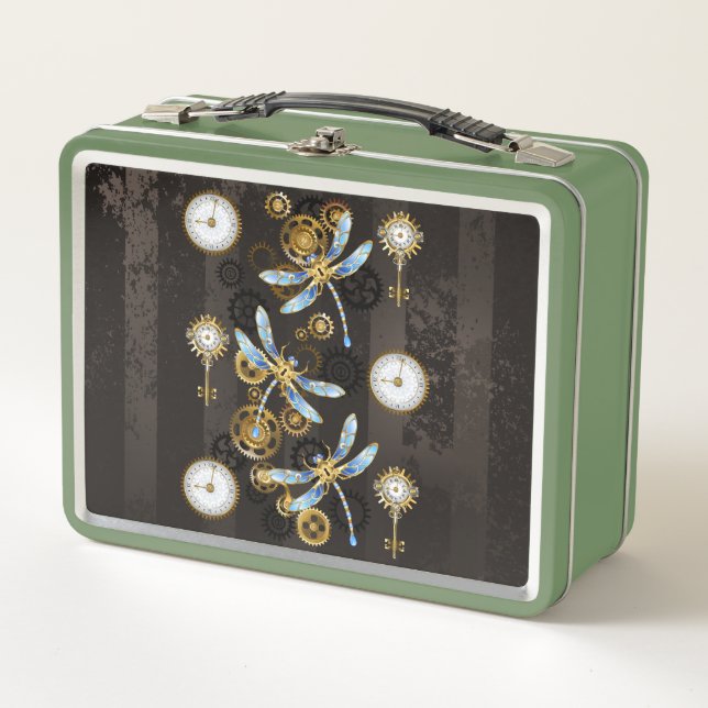 Steampunk Dragonflies on brown striped background Metal Lunch Box (Front)