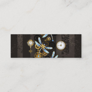 Steampunk Dragonflies on brown striped background Mini Business Card