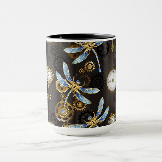Steampunk Dragonflies on brown striped background Mug (Center)