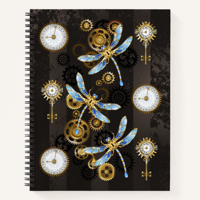 Steampunk Dragonflies on brown striped background Notebook (Front)