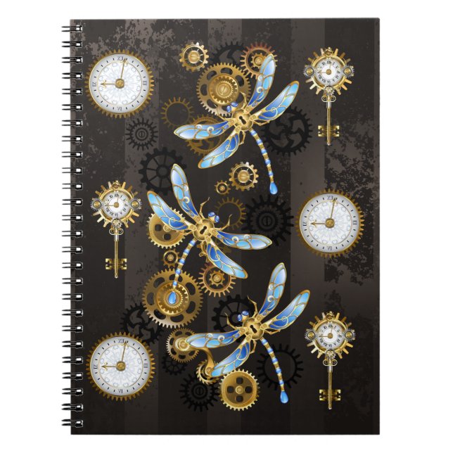 Steampunk Dragonflies on brown striped background Notebook (Front)