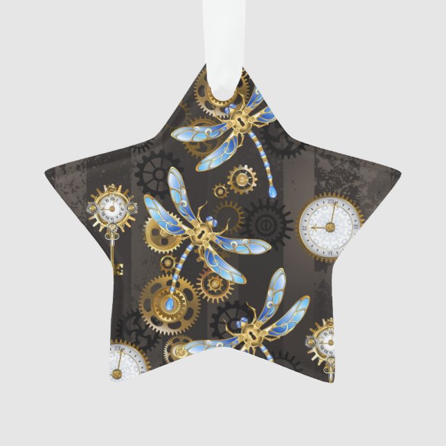 Steampunk Dragonflies on brown striped background Ornament (Front)