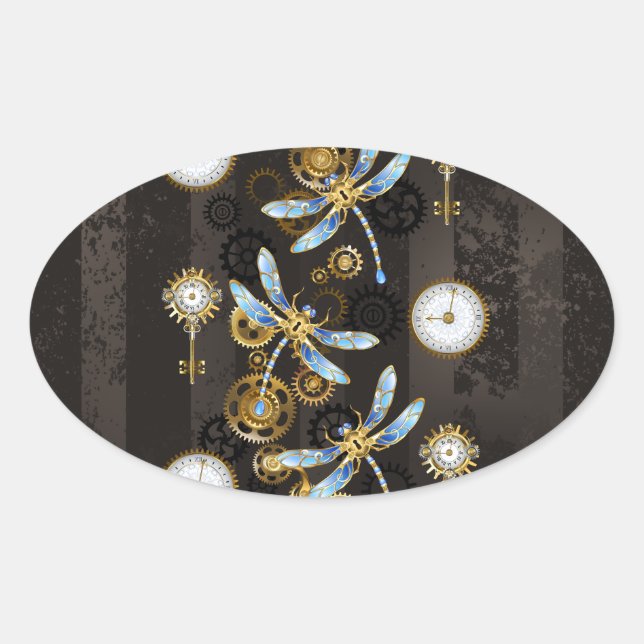 Steampunk Dragonflies on brown striped background Oval Sticker (Front)