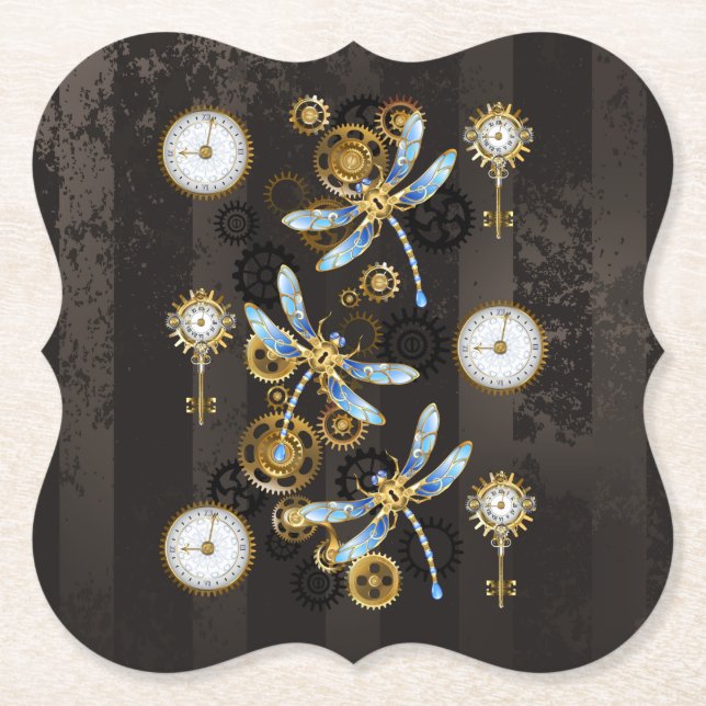 Steampunk Dragonflies on brown striped background Paper Coaster (Front)