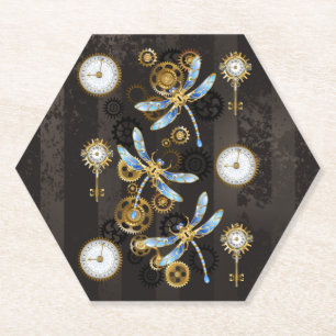 Steampunk Dragonflies on brown striped background Paper Coaster