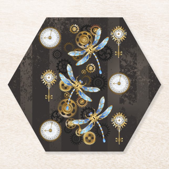 Steampunk Dragonflies on brown striped background Paper Coaster (Front)