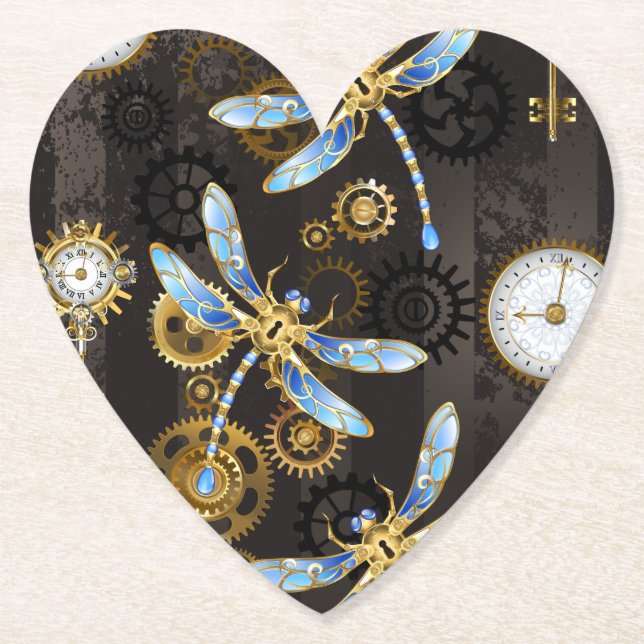Steampunk Dragonflies on brown striped background Paper Coaster (Front)