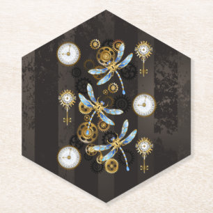 Steampunk Dragonflies on brown striped background Paper Coaster