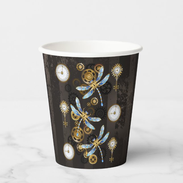 Steampunk Dragonflies on brown striped background Paper Cups (Front)