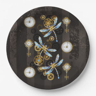 Steampunk Dragonflies on brown striped background Paper Plate