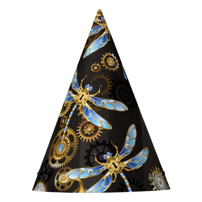 Steampunk Dragonflies on brown striped background Party Hat (Front)