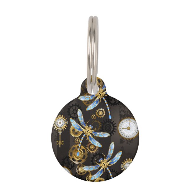 Steampunk Dragonflies on brown striped background Pet Tag (Front)