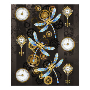Steampunk Dragonflies on brown striped background Photo Print