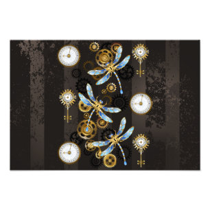 Steampunk Dragonflies on brown striped background Photo Print
