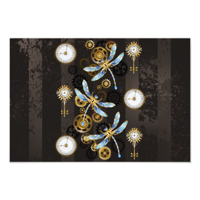 Steampunk Dragonflies on brown striped background Photo Print (Front)
