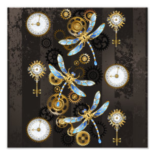 Steampunk Dragonflies on brown striped background Photo Print