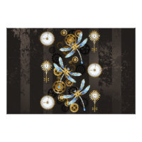 Steampunk Dragonflies on brown striped background