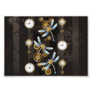Steampunk Dragonflies on brown striped background Photo Print