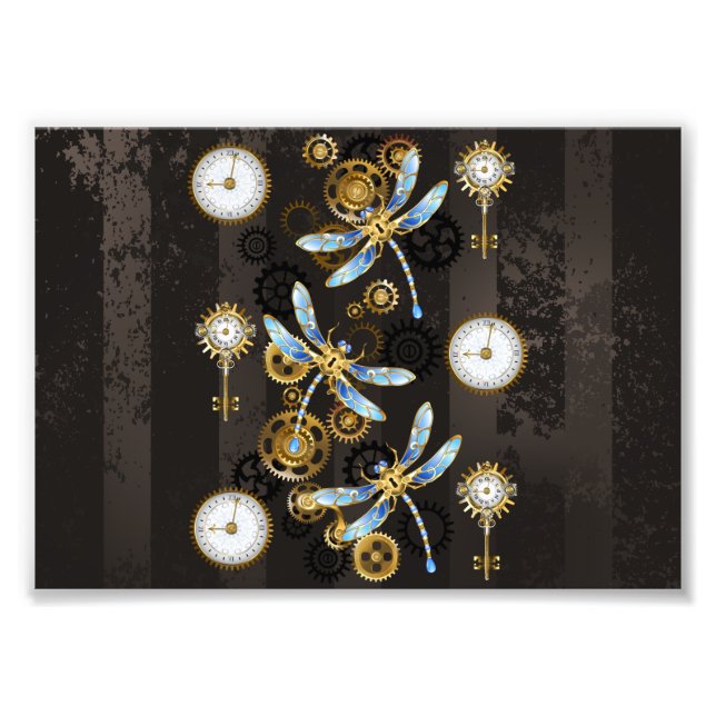 Steampunk Dragonflies on brown striped background Photo Print (Front)