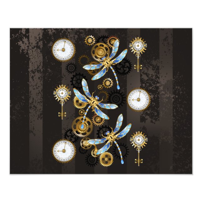 Steampunk Dragonflies on brown striped background Photo Print (Front)