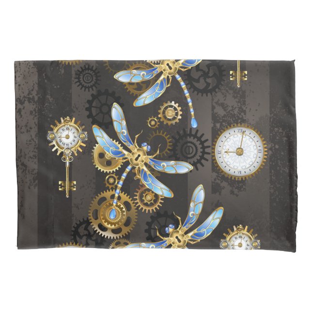 Steampunk Dragonflies on brown striped background Pillowcase (Front)