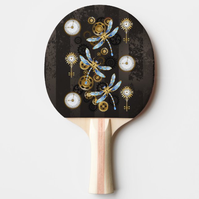 Steampunk Dragonflies on brown striped background Ping Pong Paddle (Front)
