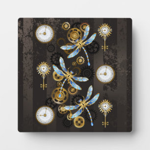 Steampunk Dragonflies on brown striped background Plaque
