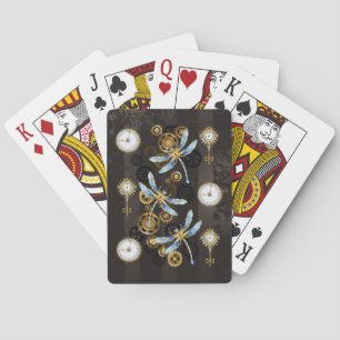 Steampunk Dragonflies on brown striped background Playing Cards