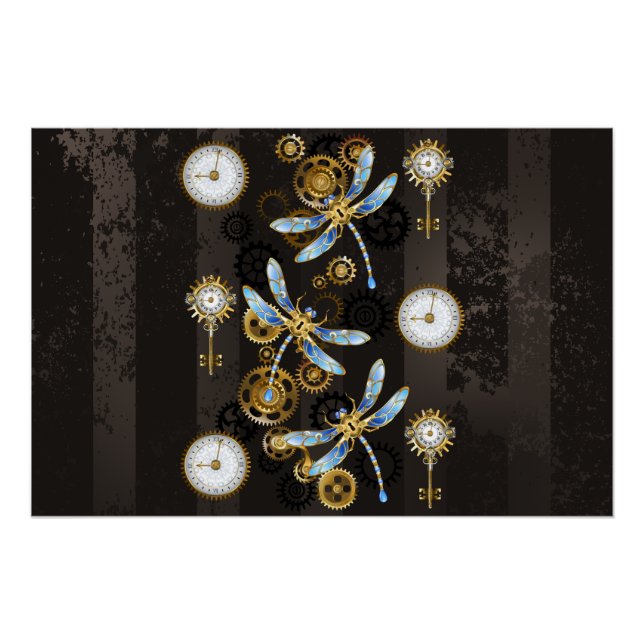 Steampunk Dragonflies on brown striped background Poster (Front)