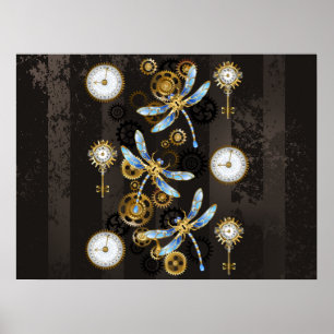 Steampunk Dragonflies on brown striped background Poster