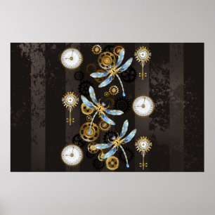 Steampunk Dragonflies on brown striped background Poster