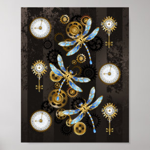 Steampunk Dragonflies on brown striped background Poster