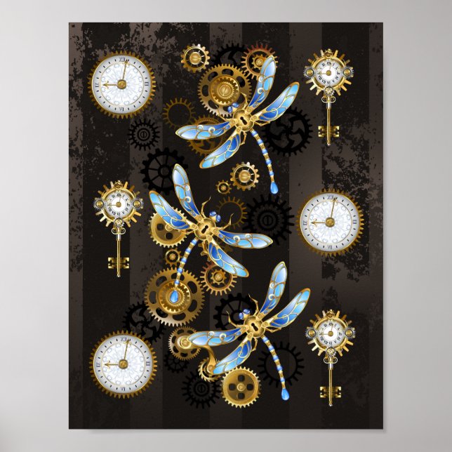 Steampunk Dragonflies on brown striped background Poster (Front)