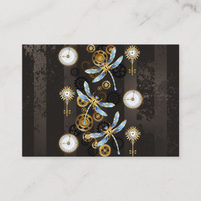Steampunk Dragonflies on brown striped background Referral Card (Front)