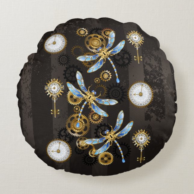 Steampunk Dragonflies on brown striped background Round Pillow (Front)