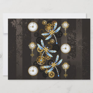Steampunk Dragonflies on brown striped background Save The Date