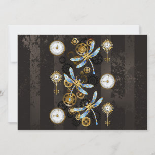 Steampunk Dragonflies on brown striped background Save The Date