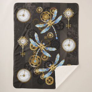 Steampunk Dragonflies on brown striped background Sherpa Blanket