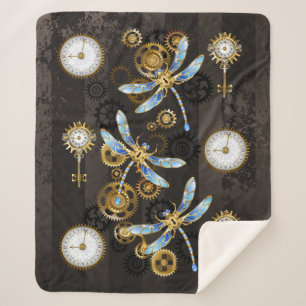 Steampunk Dragonflies on brown striped background Sherpa Blanket