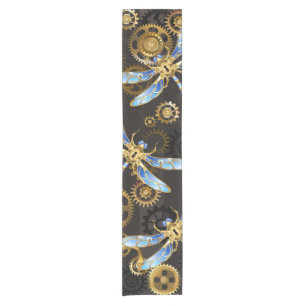 Steampunk Dragonflies on brown striped background Short Table Runner