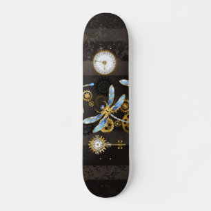 Steampunk Dragonflies on brown striped background Skateboard