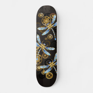 Steampunk Dragonflies on brown striped background Skateboard