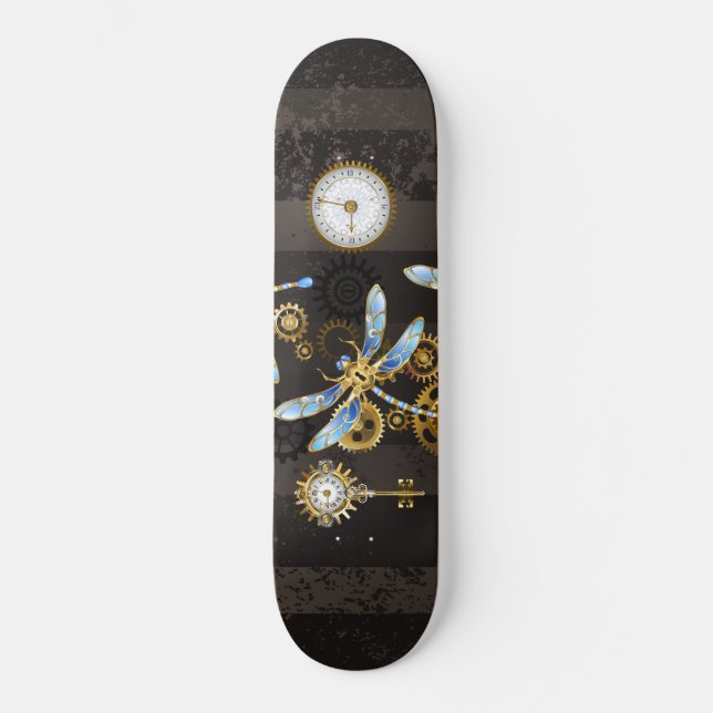 Steampunk Dragonflies on brown striped background Skateboard (Front)